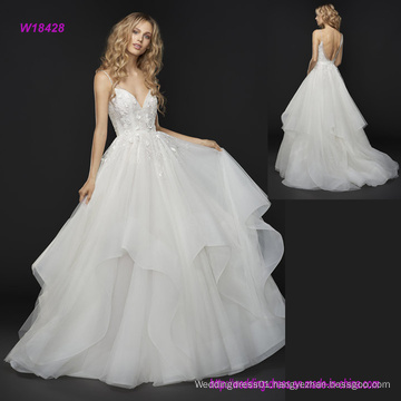 Dimensional Floral Beading and Embroidery Creme Embellished Tulle Wedding Dress with Rhinestone Beaded Strap